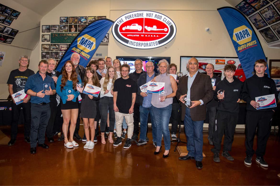 Some of the 2021/22 National Drag Racing Championship winners and placegetters that were crowned at the prizegiving ceremony, held at the Pukekohe Hot Rod Club clubrooms, on May 28, 2022.